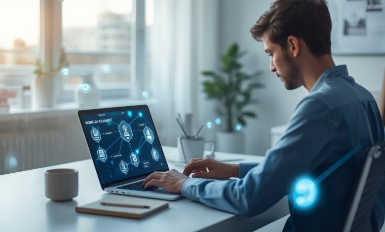 Modern home office desk with a laptop displaying small business automation workflows and AI digital task icons.