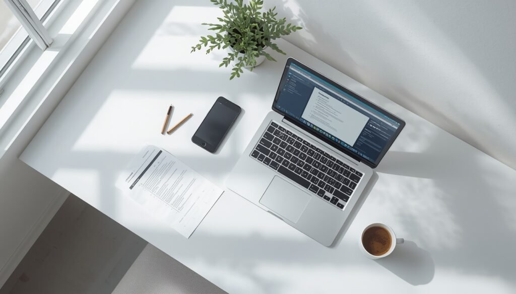 Laptop showing an AI resume builder tool on a clean desk, illustrating the best AI resume builders for job seekers.