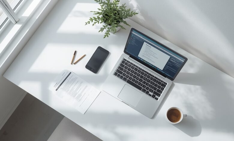 Laptop showing an AI resume builder tool on a clean desk, illustrating the best AI resume builders for job seekers.