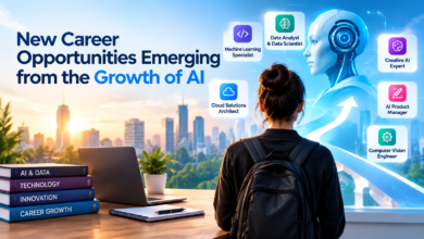 New career opportunities emerging from the growth of AI, showing AI technology, data science, machine learning, and future career roles.