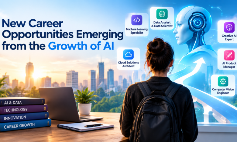 New career opportunities emerging from the growth of AI, showing AI technology, data science, machine learning, and future career roles.