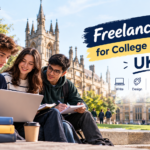 Freelance jobs for college students UK with three university students exploring freelance work and online career opportunities