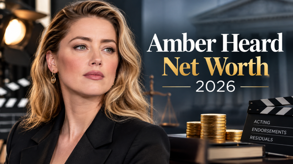 Amber Heard net worth 2026, showing her portrait with a cinematic financial and legal theme