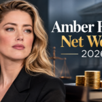 Amber Heard net worth 2026, showing her portrait with a cinematic financial and legal theme