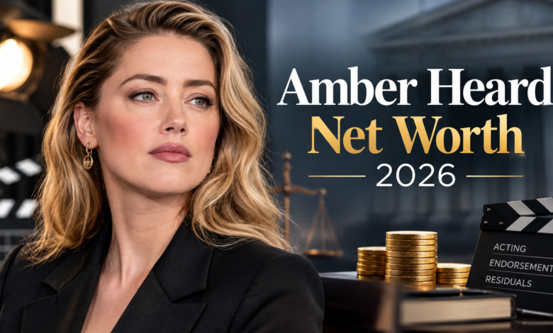 Amber Heard net worth 2026, showing her portrait with a cinematic financial and legal theme