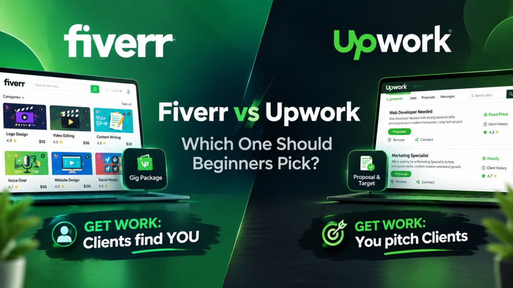 Fiverr vs Upwork for beginners comparison showing gig marketplace and proposal system