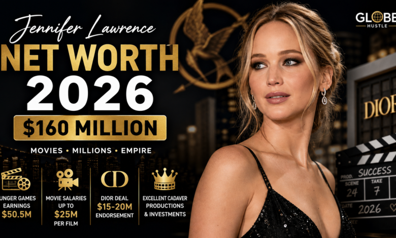 Jennifer Lawrence net worth 2026 showing $160 million wealth, Hunger Games earnings, movie salaries and Dior endorsement