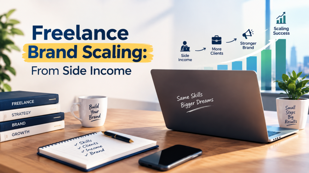 Freelance brand scaling from side income to more clients and business growth