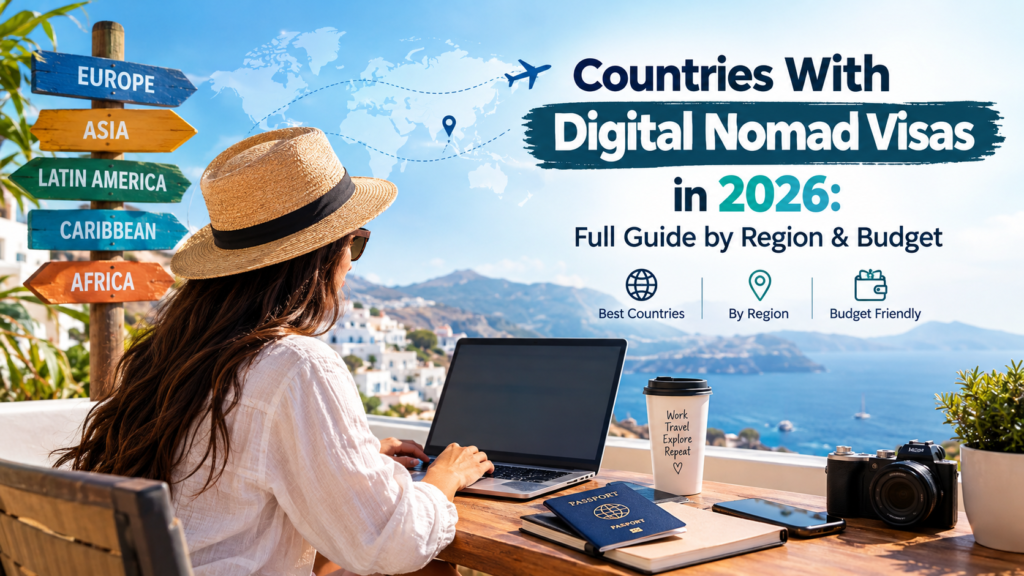 Countries with digital nomad visas in 2026, featuring a remote worker using a laptop by the sea with a world map and travel destinations.