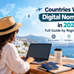 Countries with digital nomad visas in 2026, featuring a remote worker using a laptop by the sea with a world map and travel destinations.