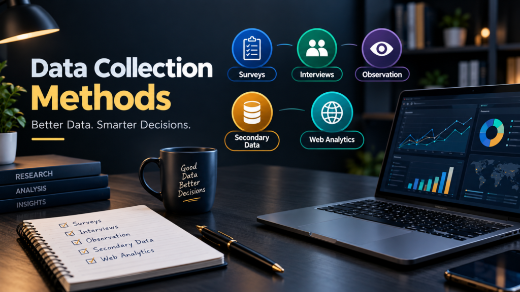 Data Collection Methods with surveys, interviews, observation, secondary data, and web analytics