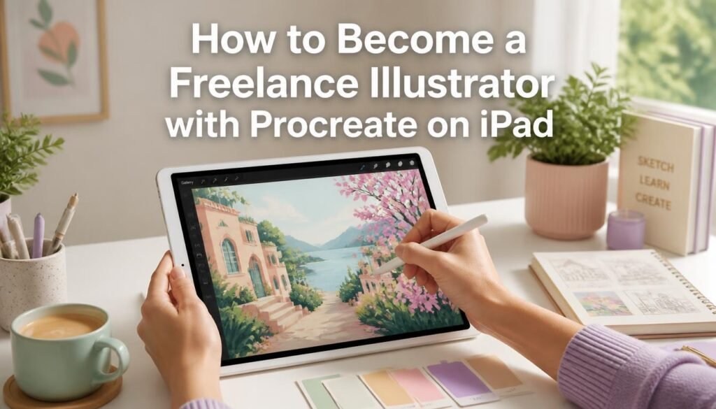 Freelance illustrator drawing on an iPad with Apple Pencil at a desk with colour swatches
