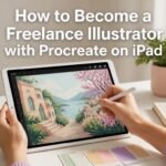 Freelance illustrator drawing on an iPad with Apple Pencil at a desk with colour swatches