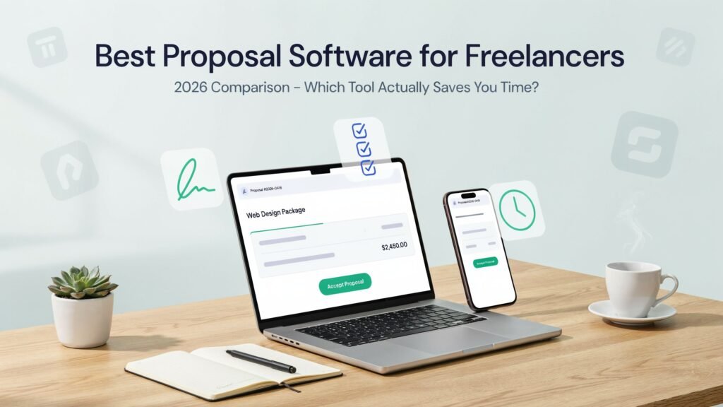 Best proposal software for freelancers in 2026 comparison showing interactive proposal on laptop and mobile