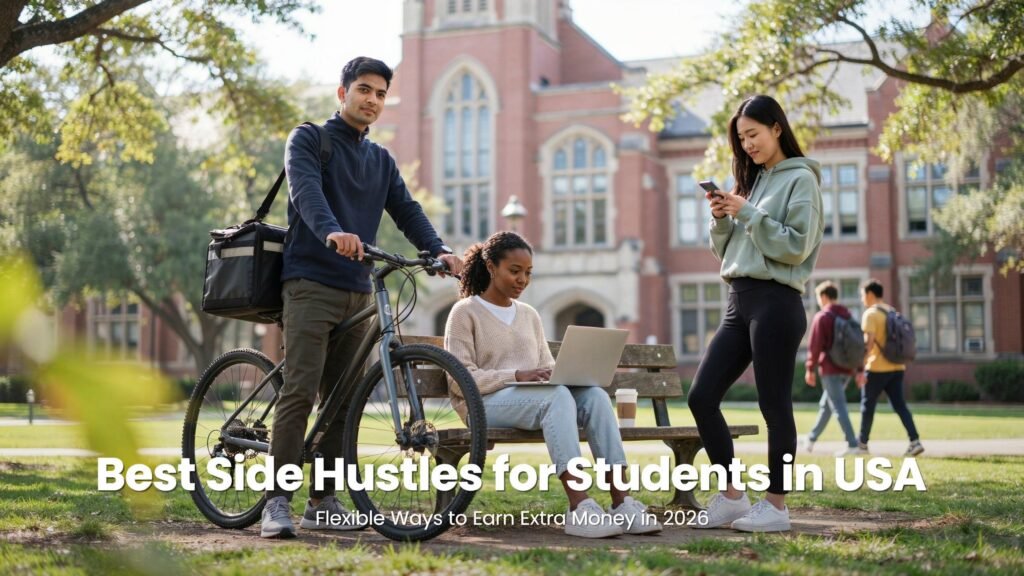 Best side hustles for students in USA – diverse college students working on laptop, bike delivery, and phone earning money on campus