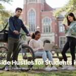 Best side hustles for students in USA – diverse college students working on laptop, bike delivery, and phone earning money on campus