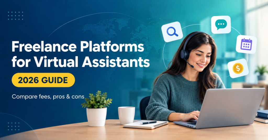Professional woman wearing headset working on laptop with text “Freelance Platforms for Virtual Assistants – 2026 Guide” and icons for search, chat, calendar and money