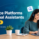 Professional woman wearing headset working on laptop with text “Freelance Platforms for Virtual Assistants – 2026 Guide” and icons for search, chat, calendar and money