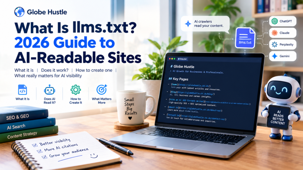 What is llms.txt guide showing an AI-readable website and Markdown file for AI crawlers