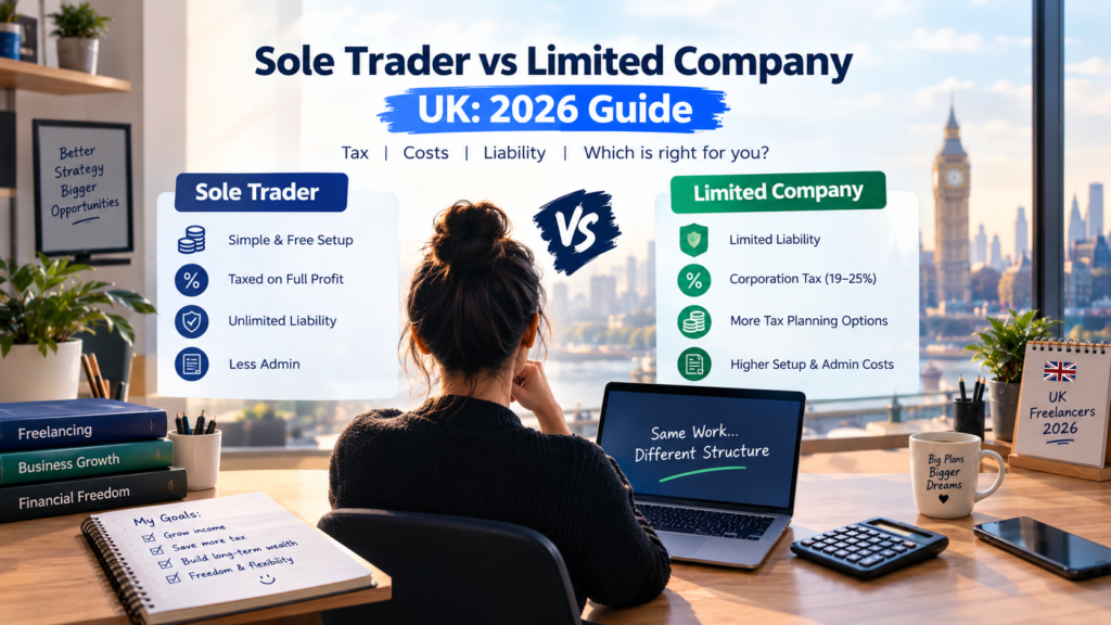 Sole trader vs limited company UK 2026 comparison showing tax, costs, liability and business structure