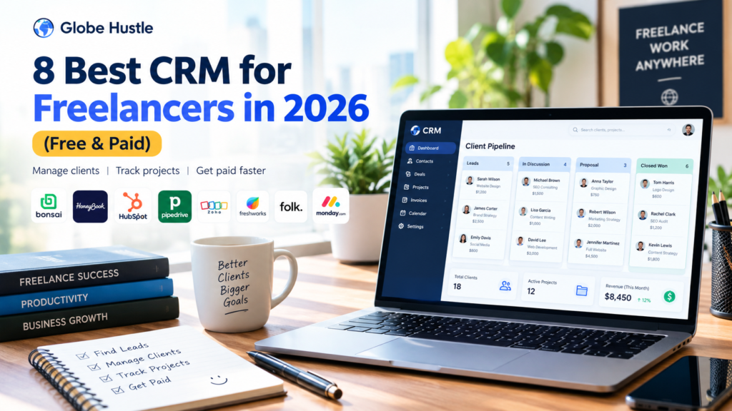 Best CRM for freelancers in 2026 showing a client pipeline dashboard on a laptop