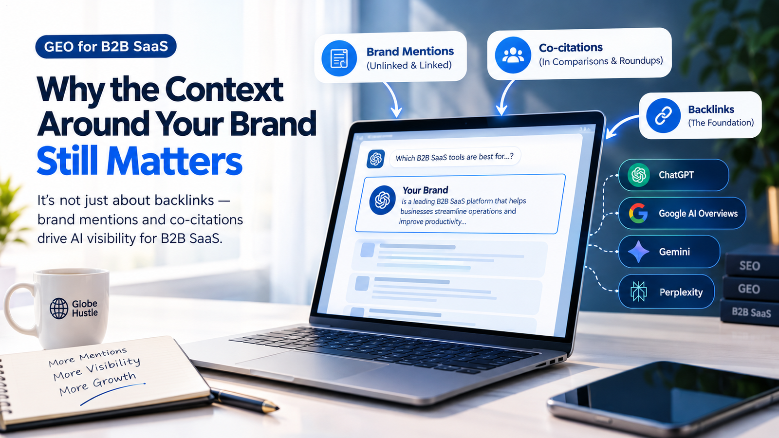 GEO for B2B SaaS illustrating brand mentions, co-citations, backlinks, and AI search visibility.