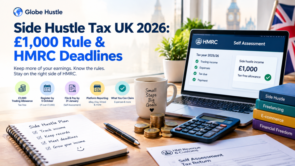 UK side hustle tax 2026 guide showing the £1,000 trading allowance and HMRC deadlines