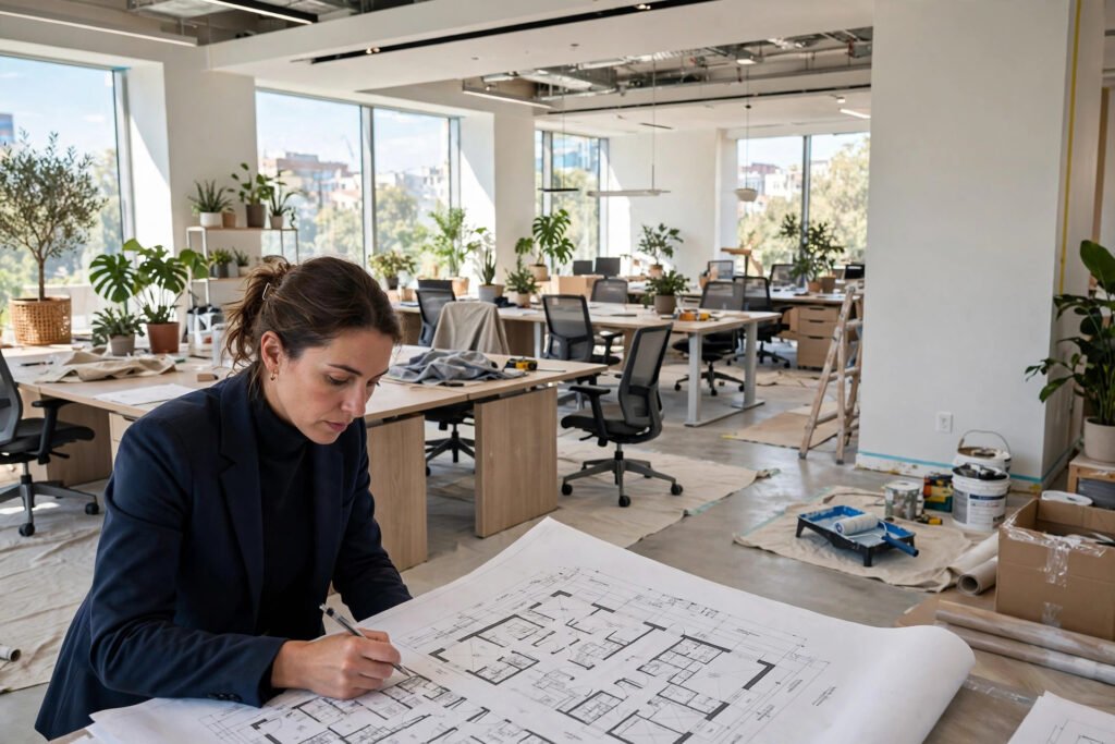 Modern office interior being refurbished with new desks, plants and natural light