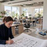 Modern office interior being refurbished with new desks, plants and natural light